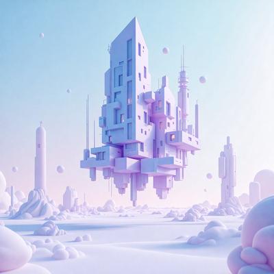 The primary subject of the image is a large, purple, three-dimensional building with many windows. The building is situated in a snowy, white landscape, giving it a unique and striking appearance. The visual style of the image is digital art, as it is a computer-generated or digitally rendered scene. The colors and mood of the image are predominantly white and purple, creating a sense of calmness and serenity.